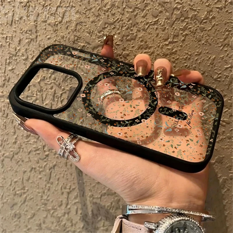 Künstlerische Blumen Transparente Hülle für Magsafe iPhone 15 16 13 Pro Max 17 14 11 13 12 Pro Max Plus Hülle Magnetisches Kabelloses Laden Coque – Detail 2