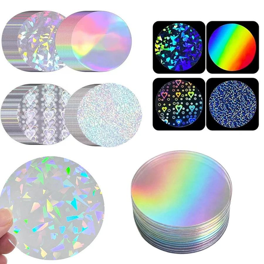 100PCS Holographic Badge Films DIY Craft Stamp Laser Cover Consumables Crushed Glass Heart Solid Polka Dot Designs Available ZYF