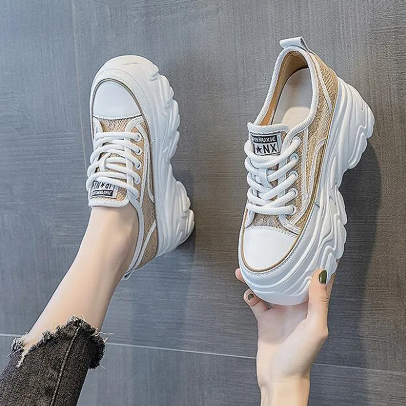 8CM Summer Women's Platform Sneakers Thick Bottom Breathable Mesh Casual Shoes 2026 New High Heel Ulzzang Sports Dad Shoes Woman