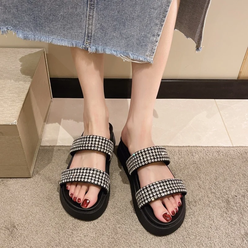 Rhinestone Slippers Women Summer Shoes 2022 Ladies Fashion Beach Shoes Designer Slides Woman Casual Comfortable Flip Flops Flats