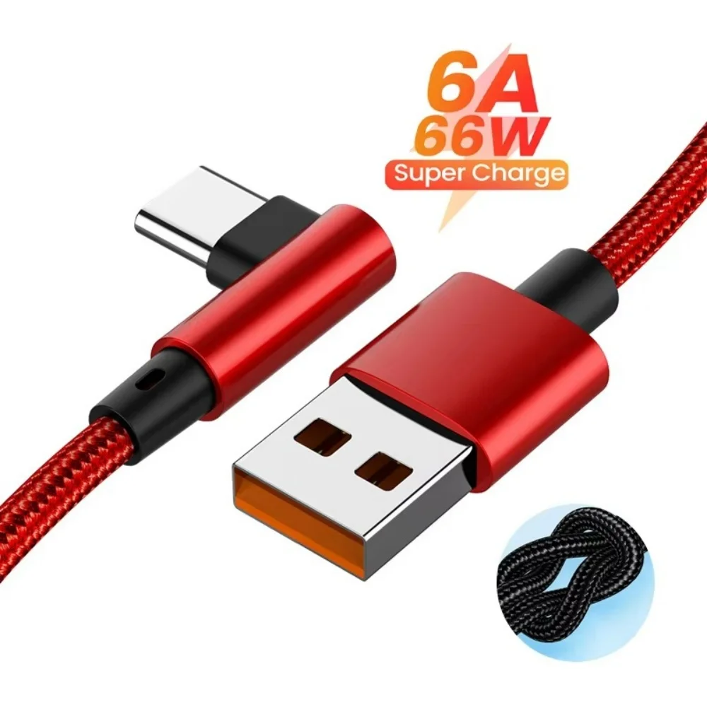 6W 6A Right-Angle USB C Fast Charging Cord Nylon Braided Data Sync Cable for Huawei Xiaomi Samsung Quick Charge Smartphone