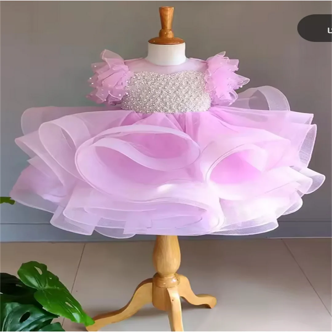 Baby Kids Pink Children Puffy Cake Skirt New Handmade Beaded Girls Gauze European And American Elegant Party Dress Costumes