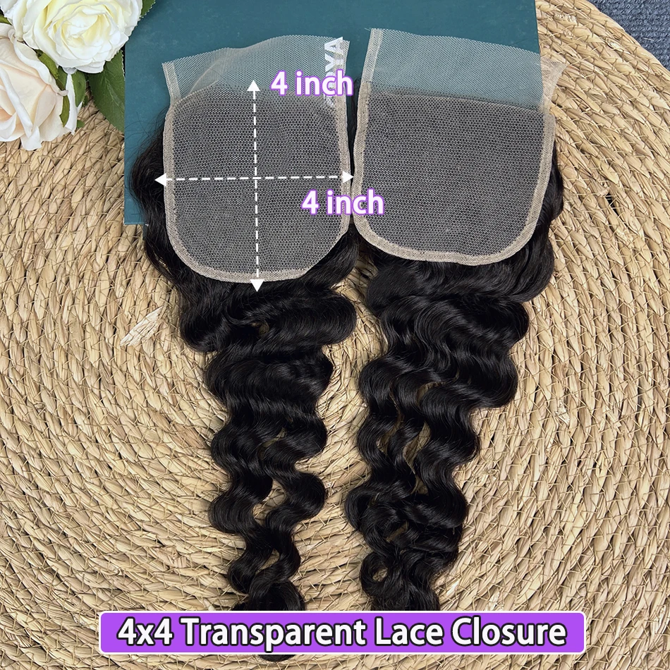 

4x4 5x5 13x4 Прозрачные кружевные застежки Фронтальная глубокая волна человеческих волос # 1B Натуральный цвет, предварительно выщипанные отбеленные узлы, кружевные девственные волосы