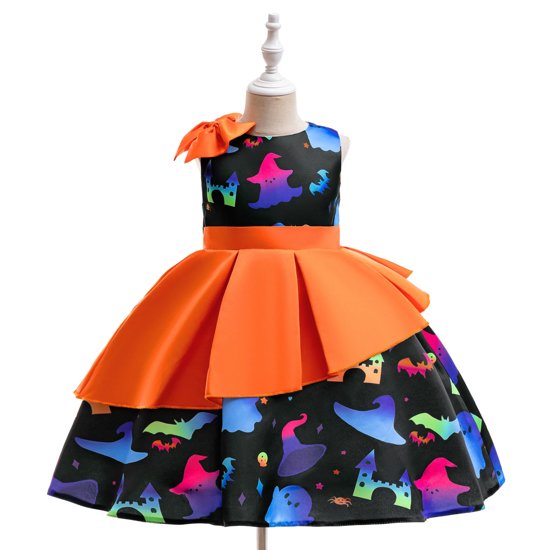 New Girls Halloween Dress Witchy Witch Pumpkin Spooky Skull Print Party Gift Little Princess Dress 4 5 6 7 8 Years Kids Clothes