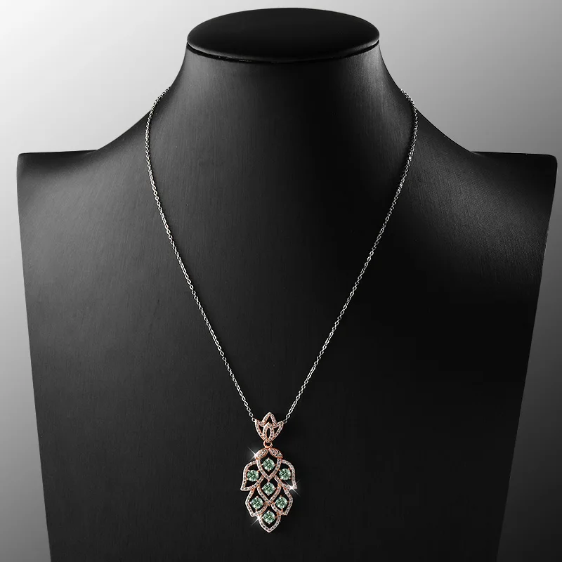 Green Moissanite Leaf Pendant Necklace for Women 925 Sterling Silver Plated 18K White Gold Fashion Birthday Gift Wedding Jewelry