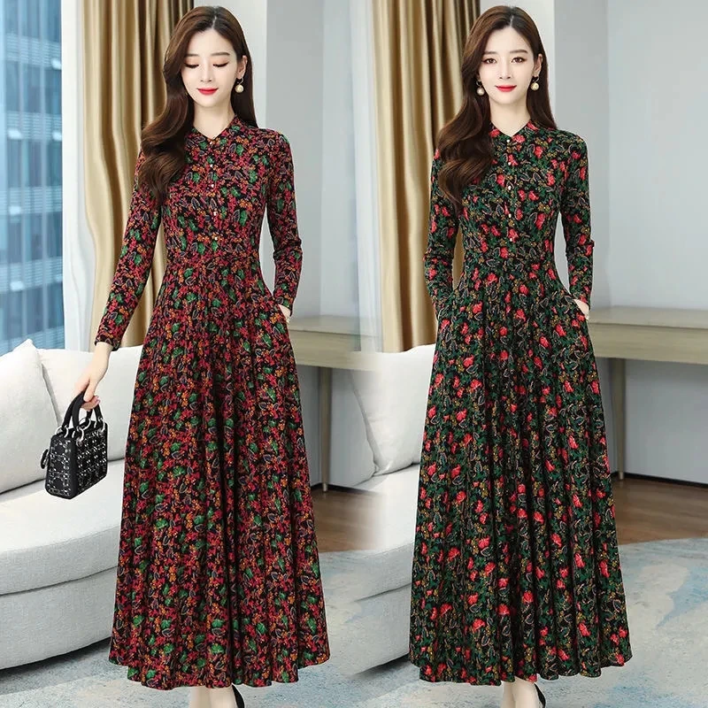 Women Spring Autumn Long Sleeve Dress Large Size Fragmented Flowers Slim Elegant Dress Mother Casual Maxi Printed Vestidos 4XL