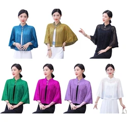 Woman Stand Collar Cloak for Wedding Summer Travel Body Cool Breathable Shawl with Floral Pattern Hot Weather Supplies