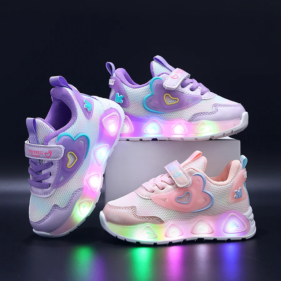 MGO Kidss Girls colorful LED Light Emitting Daddy Shoes Mesh Breathable Light Flashing Shoes Small, Medium and Large Children an