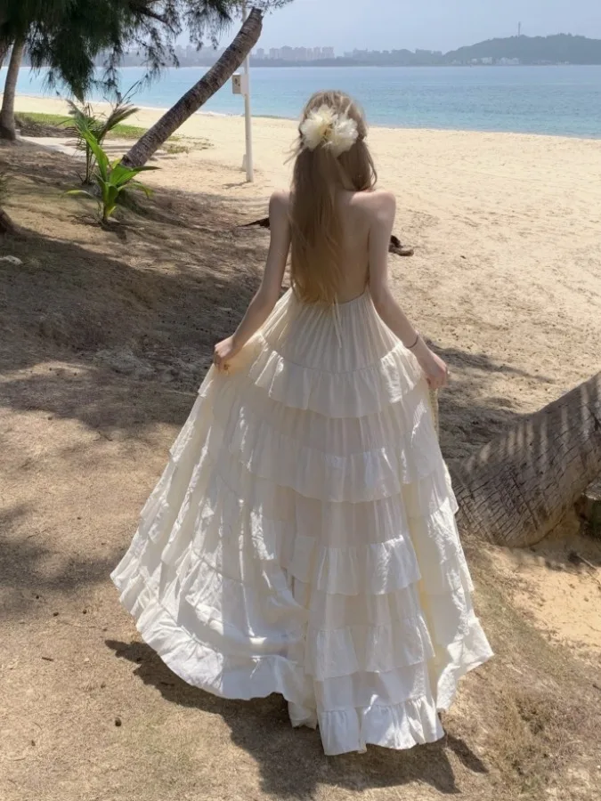 Vestido Longo de Gaze Pesada Sem Costas, Estilo Verão, Decote V Profundo, Com Cinto, Saia Ampla com Drapeado e Efeito Camada