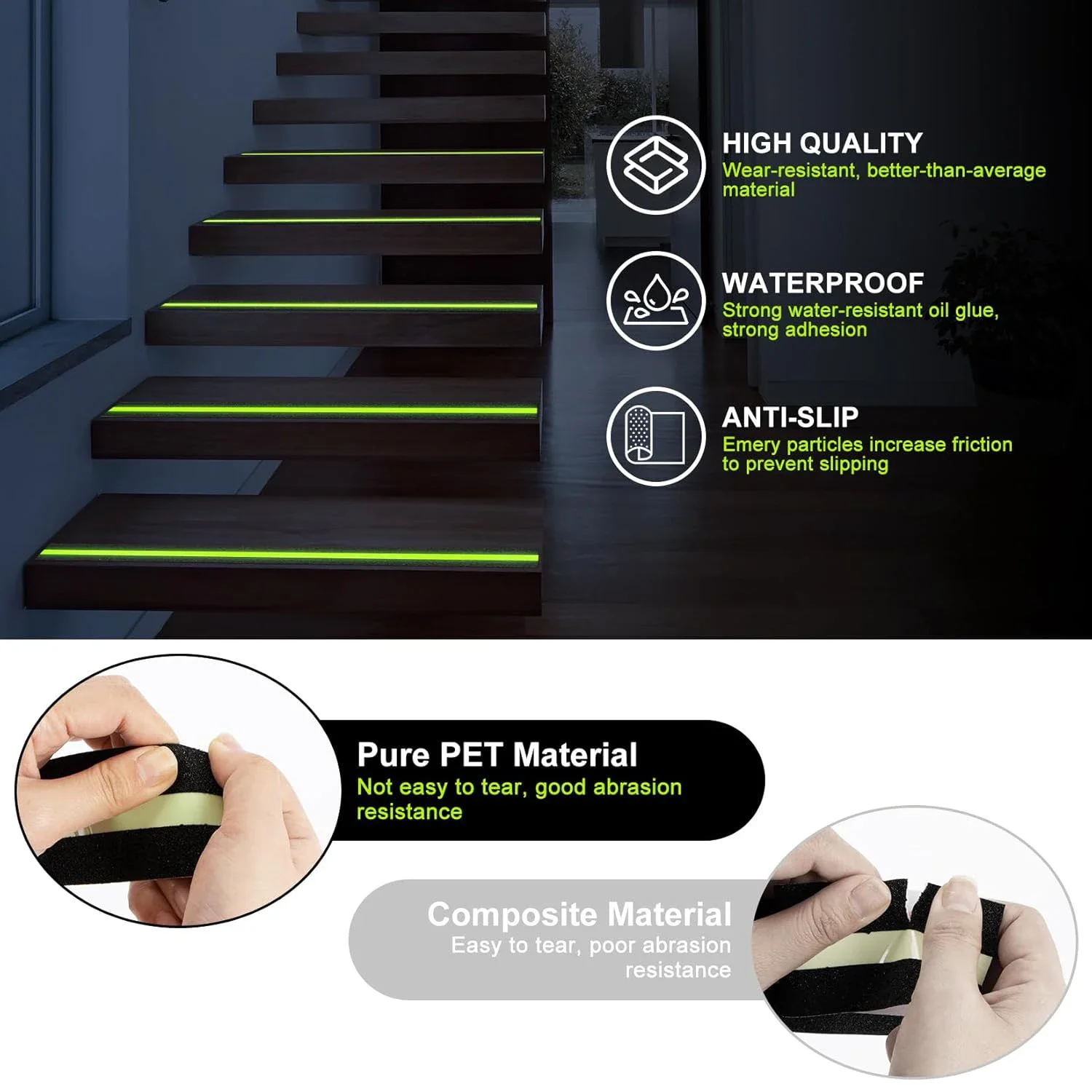 Anti Slip Traction Tape Glow in Dark Green Stripe Friction Abrasive Adhesive Non Skid Tape For Stair Tread Step Indoor Outdoor