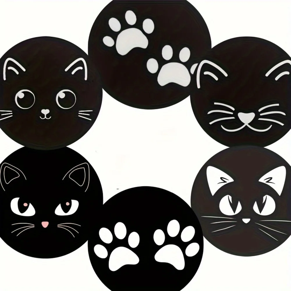 6 pieces of wooden cat paw coasters, 2D art coasters, heat-resistant mosaic mug coasters, for homes and cafes, 3.9 inches