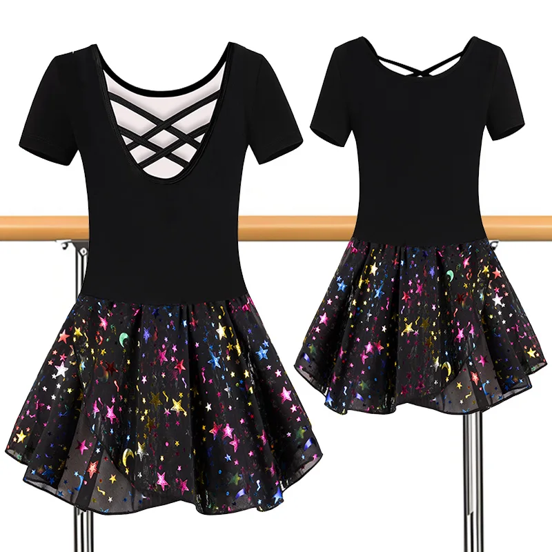 Girls Short Sleeve Dress Ballet Dance Leotards for girl Gymnastics Dance Skirts with Shiny Sequins and Crisscross Back
