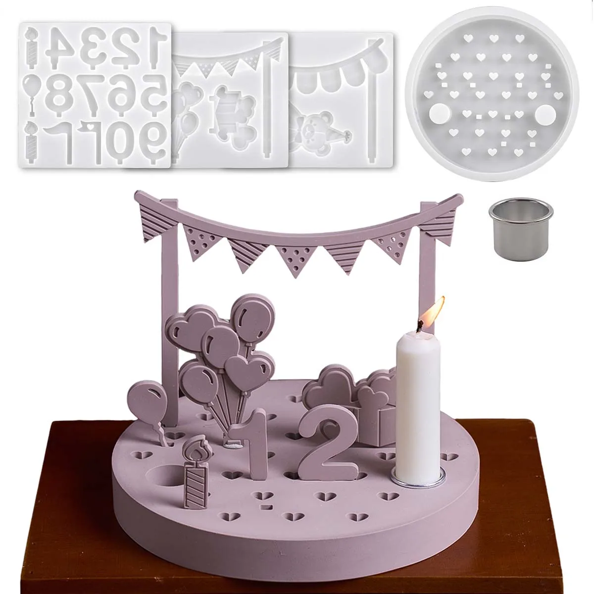 Runde Feier Kerzenhalter Silikonform DIY Beton Gießen 0-9 Digital Bär Liebe Tablett Harzform Geburtstag Urlaub Handwerk