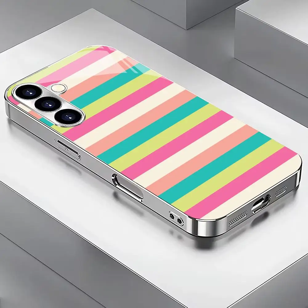 Color striped silver plated glass phone case suitable for Samsung Galaxy S26 S25 S24 S23 S22 S21 S20 FE/Ultra/Plus anti drop