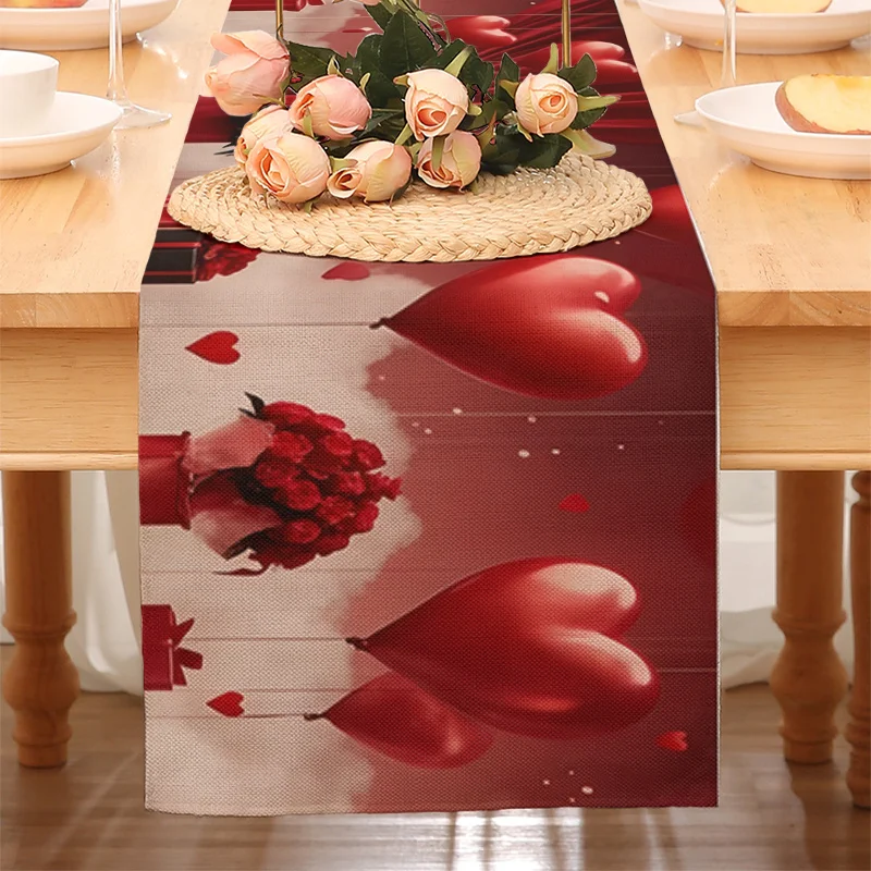 1 Piece of Valentine's Day Table Runner Decorated with Red Heart-Shaped Balloons, Roses, and White Dove Patterns, Suitable for Vintage Cafe Decor, Garden Studio Displays, Outdoor Terrace Arrangements, Handmade Market Stalls, South American Cultural Events, Home Exotic-Style Decoration, and Used to Cover Diverse Artistic/Ethnic Scenes.