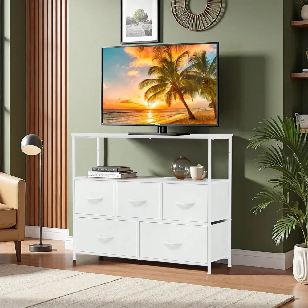 

Dresser TV Stand With 5 Fabric Drawers And Wood Open Shelf, Media Console Organizer For 45 TV, Ideal For Living Room, Bedroom,
