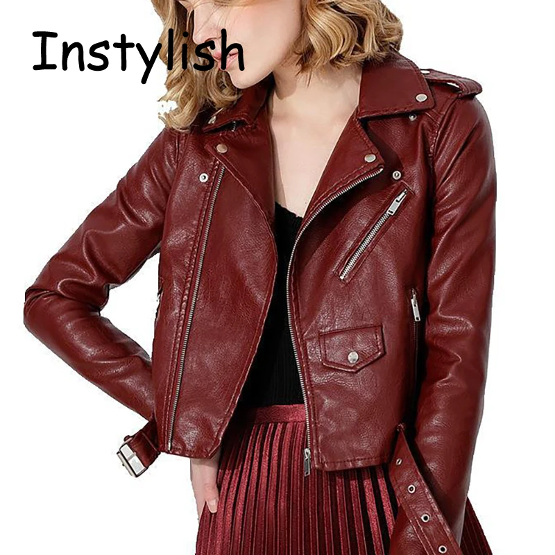 Women Moto Biker Zipper Jacket Autumn Winter PU Leather Lapel Jackets Casual Street Faux Leather Crop Coat Vintage Cool Outwear