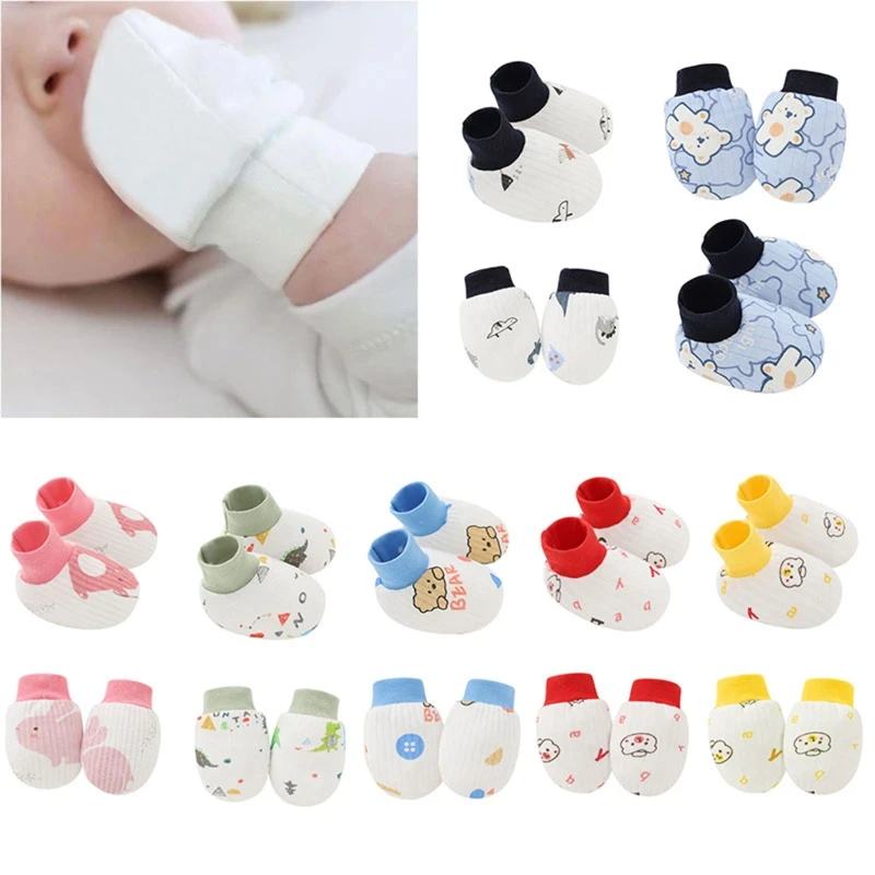 2 Pair Baby Newborn Soft Cotton Face Protection Gloves Foot Cover Set Anti Scratch Mittens Socks Kit for Toddlers Boys