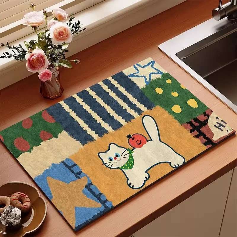 VIKAMA Cute Cat Themed Dish Rack Mat Patchwork Style Absorbent Quick Dry Mat Non Slip Kitchen Countertop Drain Home Decor