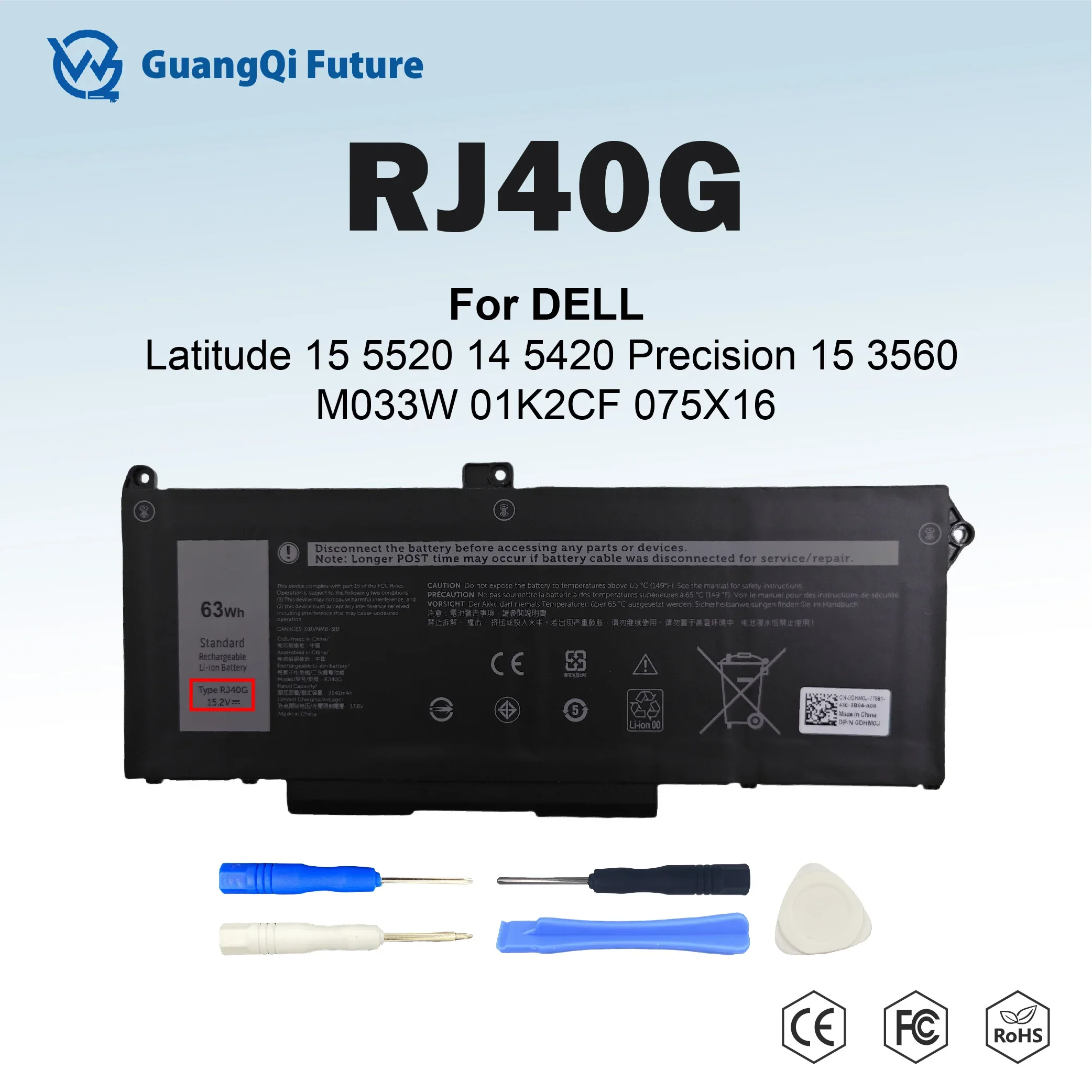 

RJ40G 63WH Laptop Battery Replacement for Dell Latitude 15 5520 Latitude 14 5420 Precision 15 3560 M033W 01K2CF 075X16 WY9DX