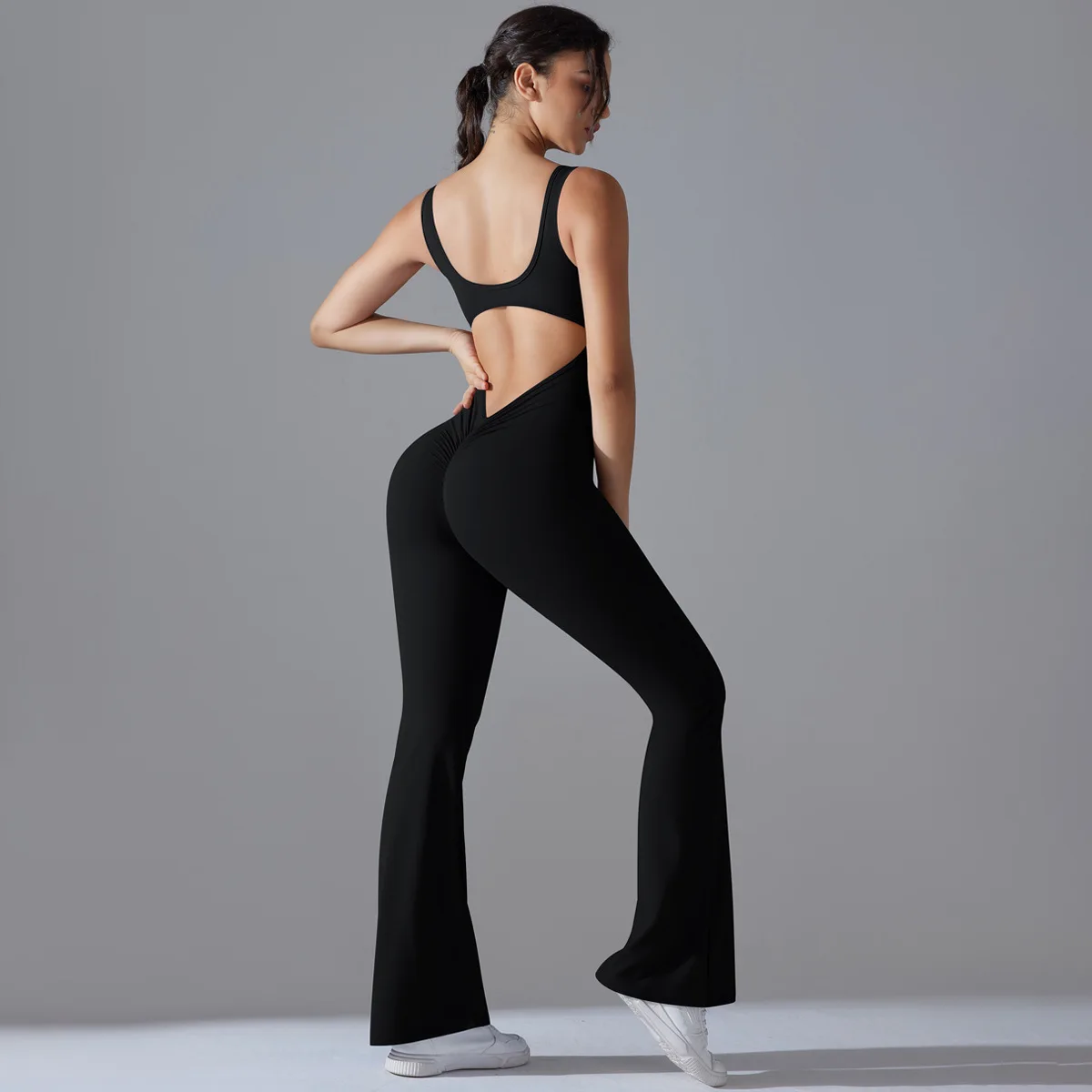 Gym Fitness Flare Jumpsuits for Women Scrunch Butt Sports Yoga Set Open Back Workout Bodysuits Sexy V Waist Bodycon Playsuit