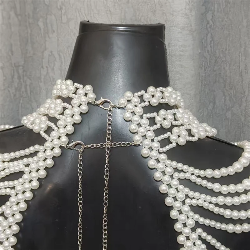 Damen-Top, mehrschichtige Perlen-Körperkette, handgewebter Schal, Harness, Braut- und Abendkleid-Accessoire, Party-Top, Damenbekleidung – Detail 14
