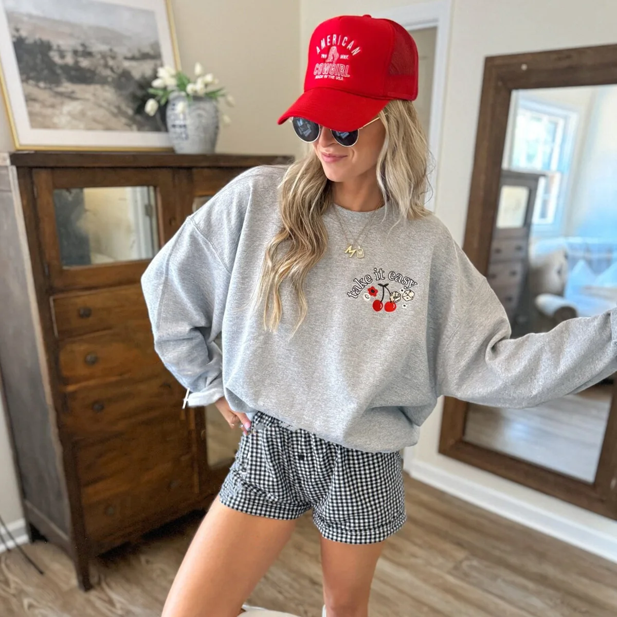 Take it Easy Cute Cherry Embroidered Gray Crewneck Sweatshirts Female Autumn Long Sleeve Loose Pullover Thick Fleece Jumpers