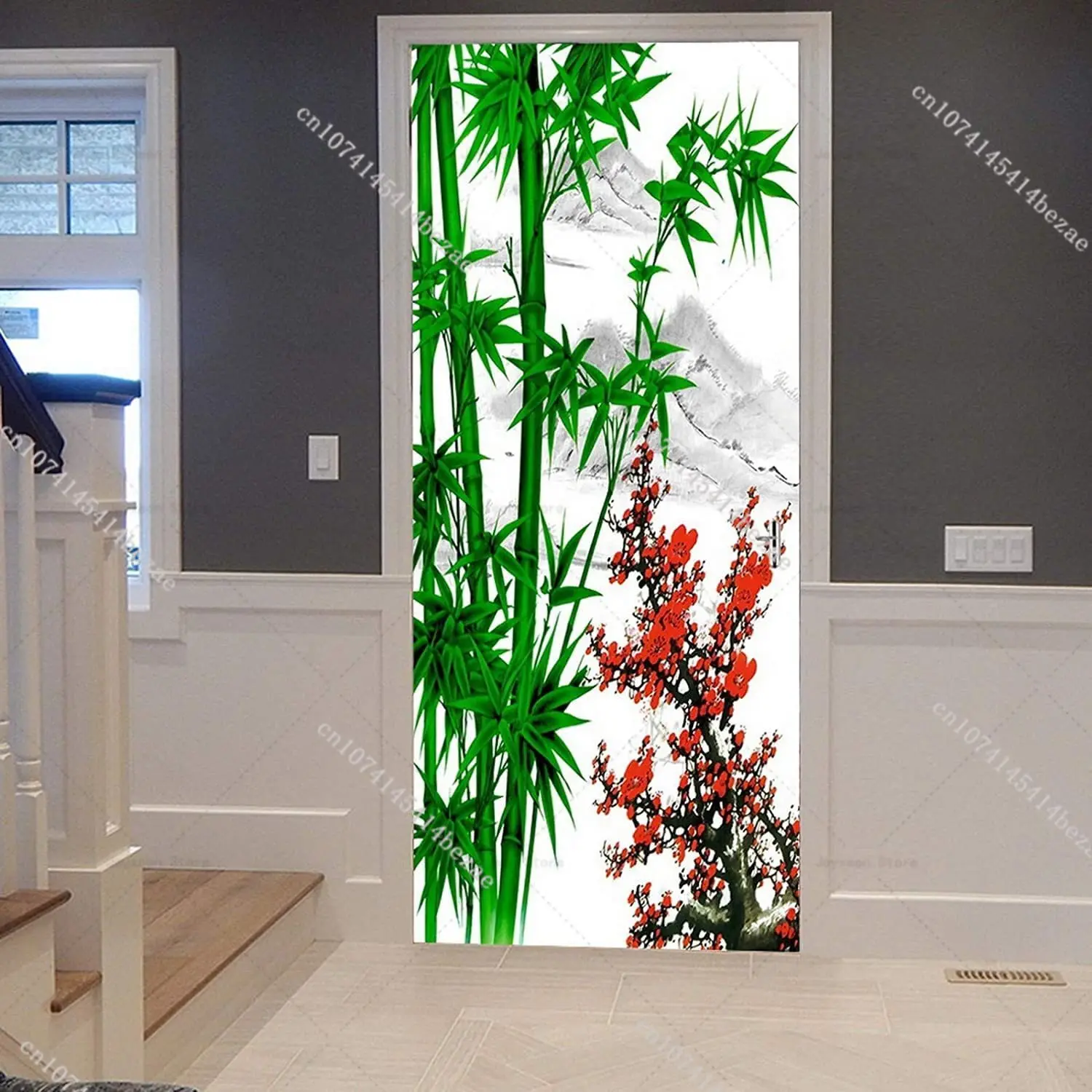 Chinese Style Green Bamboo Forest Door Sticker Living Room Decoration Mural Natural Scenery Removable Self-adhesive Door Sticker