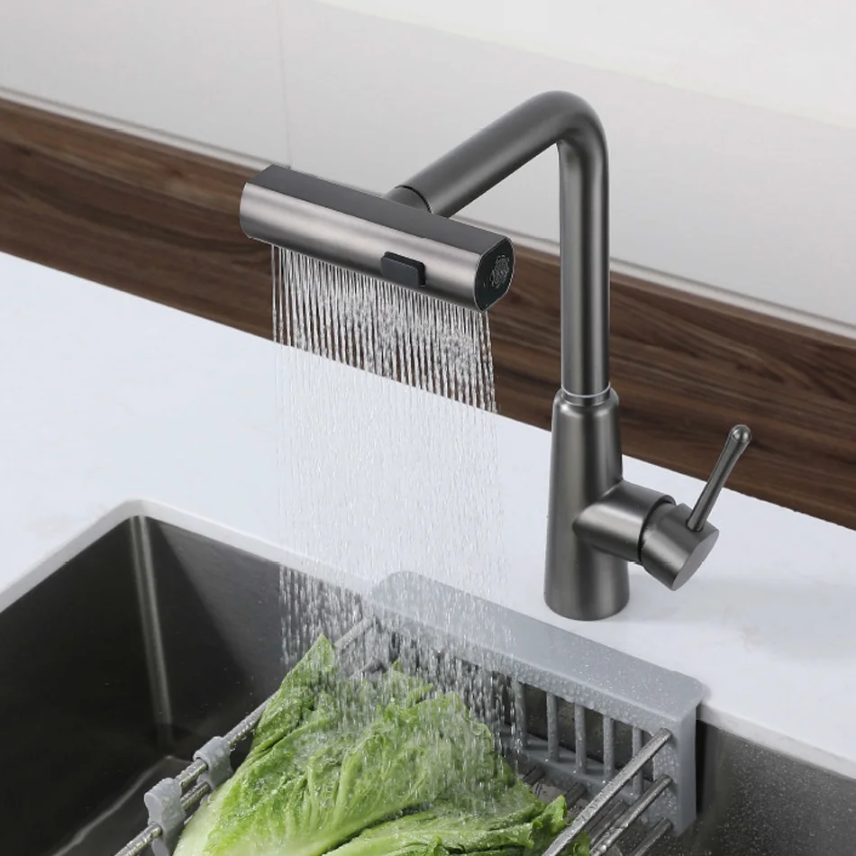 Pull Out Kitchen Faucet Waterfall Raindance 304 Stainless Steel Grey Flexible 360° Rotation Hot and Cold Water Mixer Sink Tap