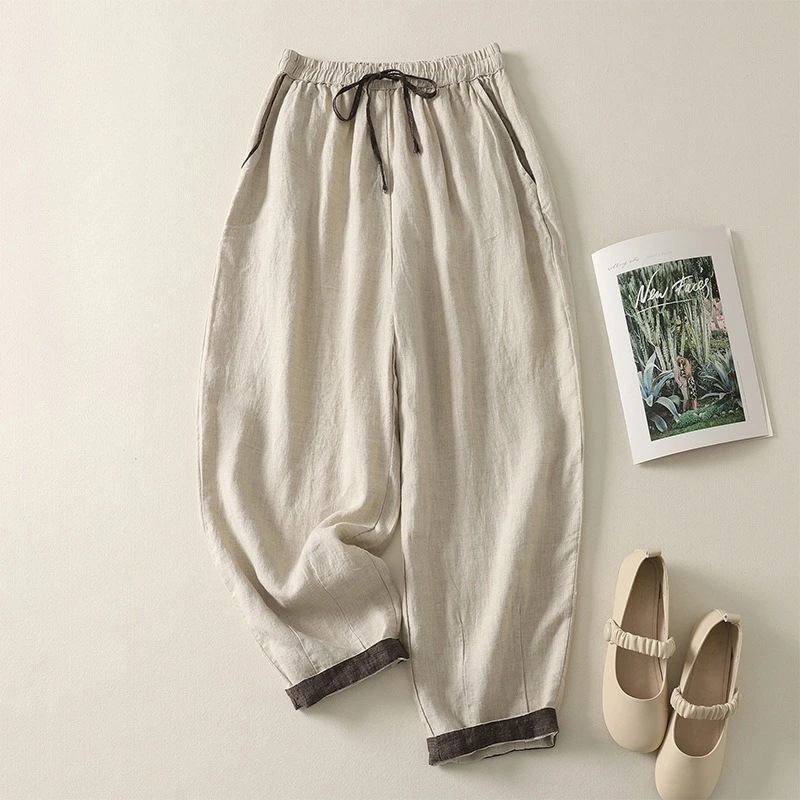 Elastic Drawstring Waist Casual Pants Summer Retro Cotton  Loose Harem Pants Basic Versatility Wide-leg Ankle-Length Pants