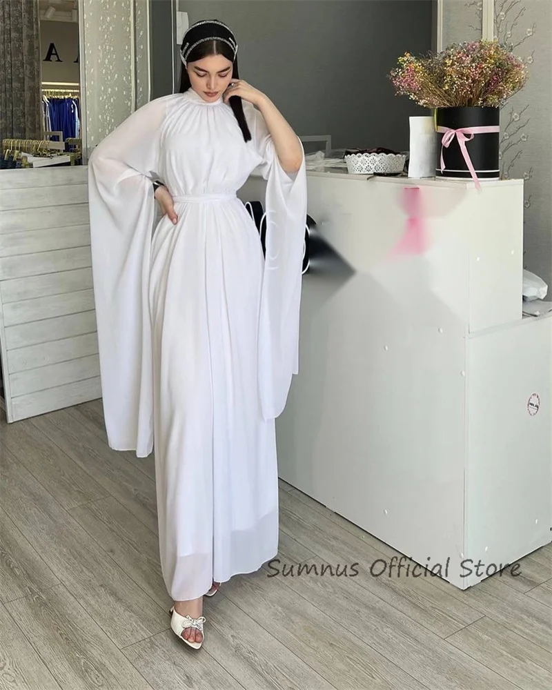 SUMNUS High Neck White Chiffon Evening Dresses Country Sexy Split Long Sleeves Floor Length Belt Prom Gowns Formal Party Dress