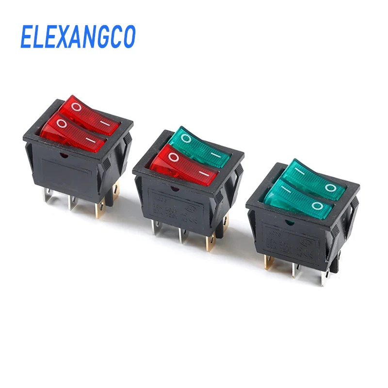 3PCS KCD8-212 Duplex Boat Rocker Switch 6 Pin 2 Position DTSP On-Off Control Green Red 16A 220V Luminated Power Switch