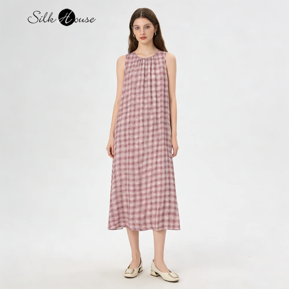 

Женское платье-жилет в клетку из 100% натурального шелка креп-де-шин, с круглым вырезом, без рукавов, свободного кроя, удлиненное, в отпускном стиле