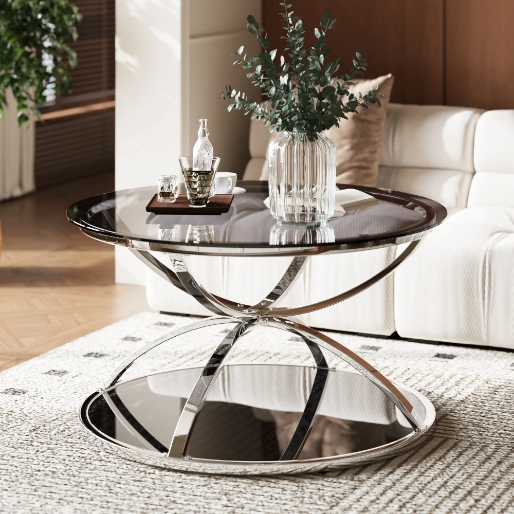 

31.50'' Modern Glass Coffee Table with 2 Tiers, Ring-Shaped Frames
