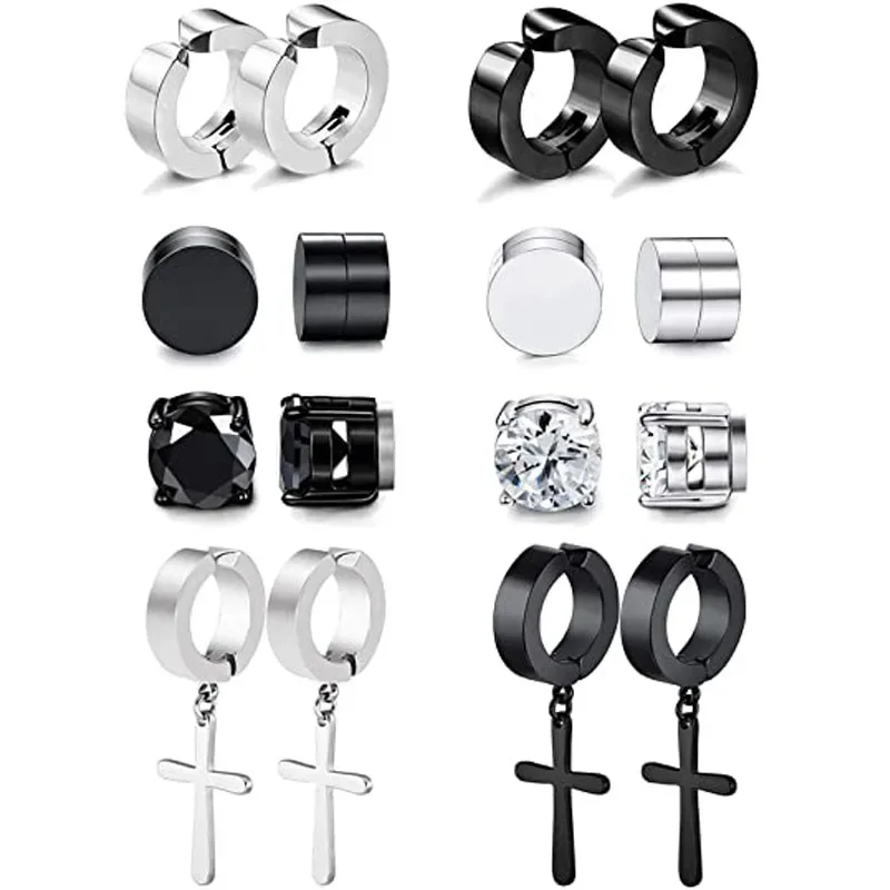 1 Pairs Magnetic Ear Clip Set Men and Women Stainless Steel Ring Cross Non-Perforated Fake Gauge Earrings  Jewelry Gift