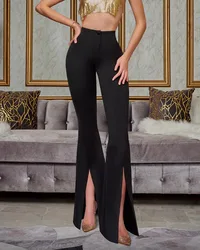 Y2K Black High Waist Women Trousers Summer Ankle-length Abdominal Flares Pants Split buttocks flared pants