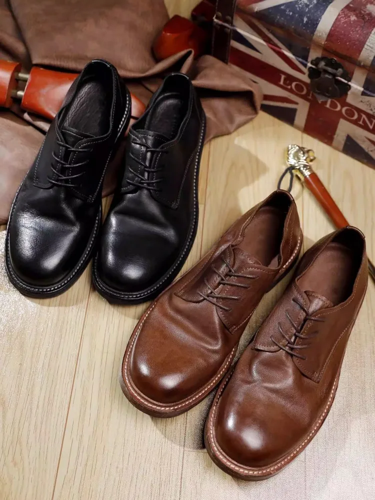 Vintage Spring Mens Business Work Cowhide Genuine Leather Formal Shoes Classic Lace Up Low Cut Round Toe Wedding Dress Shoes