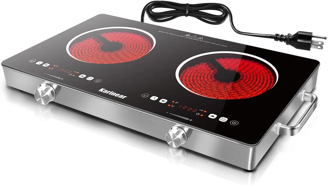 2 Burner Electric Cooktop 110V, Portable Electric Stove with Handle, Knob Control Electri Hot Plate, Ceramic Countertop