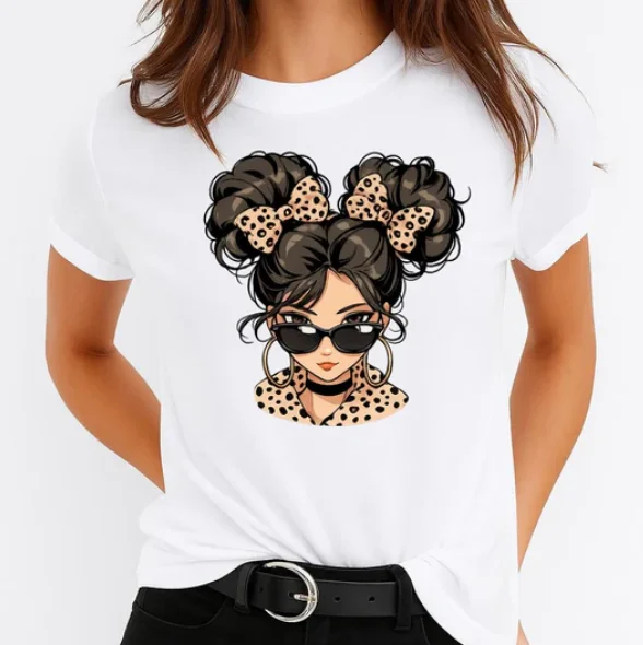 Leopard Print Bun Girl T-Shirt Casual Cotton Tee Trendy Mom Life Romantic Streetwear Tops