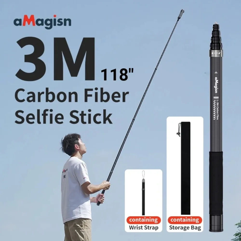 aMagisn 3M / 1.2M Perche à selfie invisible en fibre de carbone extensible et rétractable pour Gopro Max / Insta360 X3 X4 X5 / DJI Osmo360