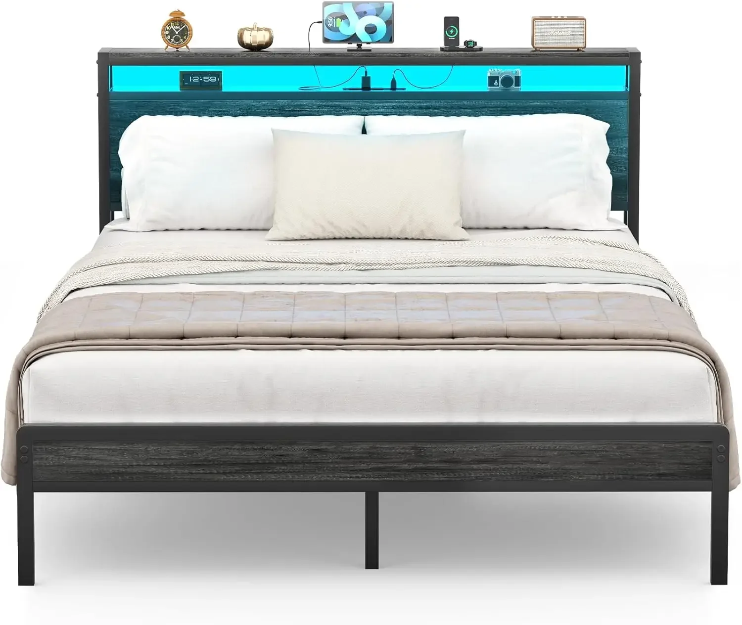 Queen Size Bed Frame with Charging Station and Led Lights, Industrial Metal Platform Bed with Storage Headboard, Steel