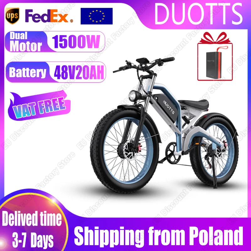 DUOTTS Bici Elettrica 1500W Doppio Motore 48V20AH Batteria E-bike 26 In Fat Tire Doppio Sistema di Sospensione Bicicletta Elettrica All Terrain