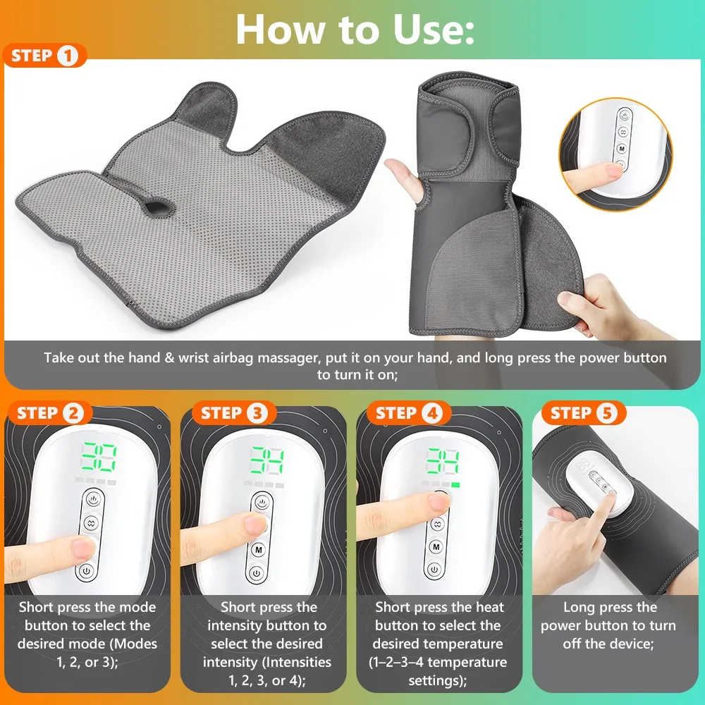 Electric Airbag Compression Hand Massager 3 Massage Modes 4-level Hot Compress Wrist Massage Machine Kneading Dual Airbag