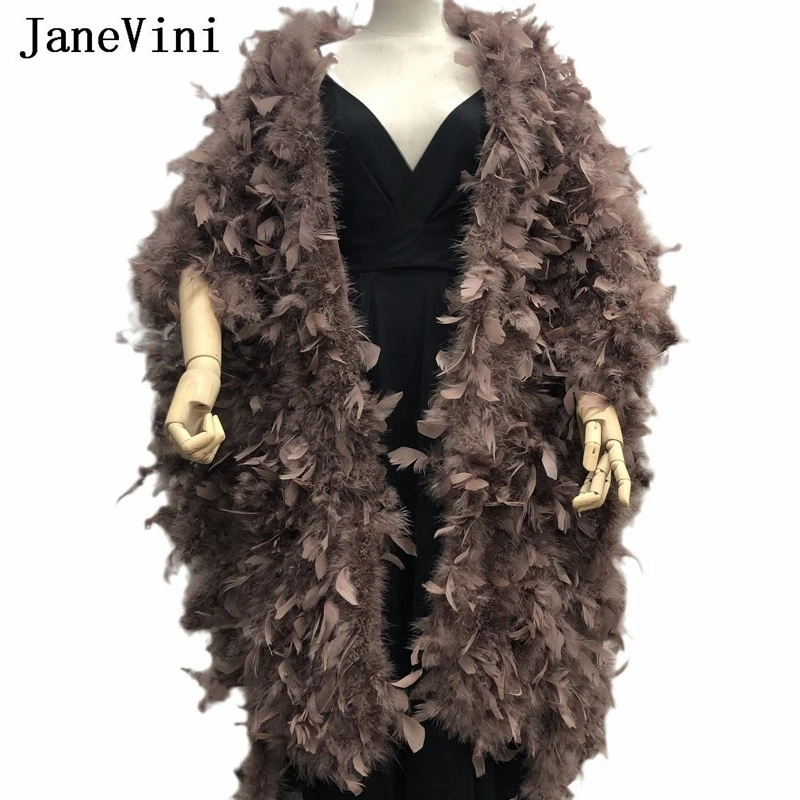 JaneVini Plus Size 220cm*40cm Fur Shawl Bridal Cape Real Ostrich Feathers Women Wedding Wraps Coffee Bride Party Stole Shrugs