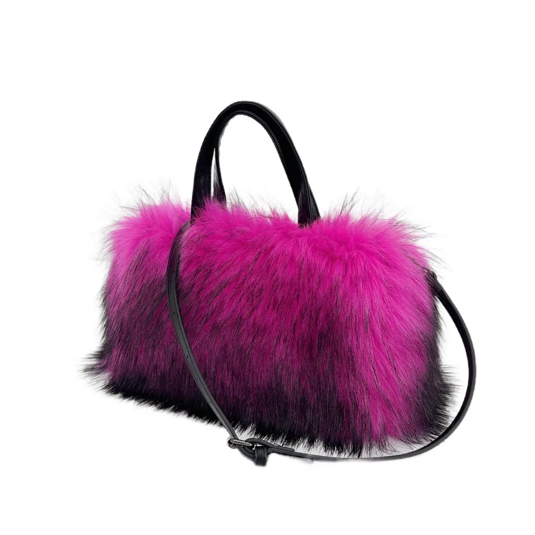 Winter Faux Fur Women\'s Boston Handbag Luxury Design Ladies Long Plush Tote Bag Bright Color