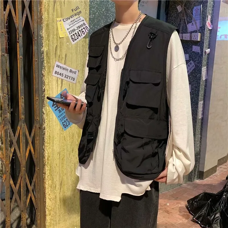 Summer Women's Vest Multi-Pocket Retro Workwear Sleeveless Outerwear Japanese Style Dark Color Block V-Neck Short Coat