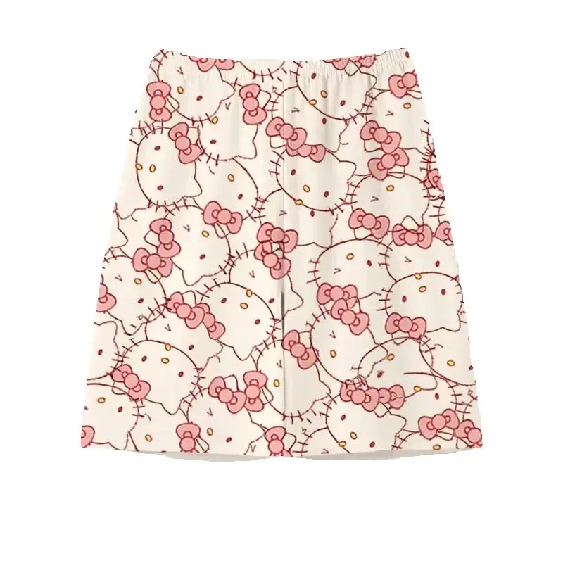 Pantalones cortos de pijama de Hello Kitty para mujer, pantalones sueltos de algodón de cinco puntos, pantalones cortos bonitos de dibujos animados para el hogar, pantalones cortos fríos y cómodos de verano