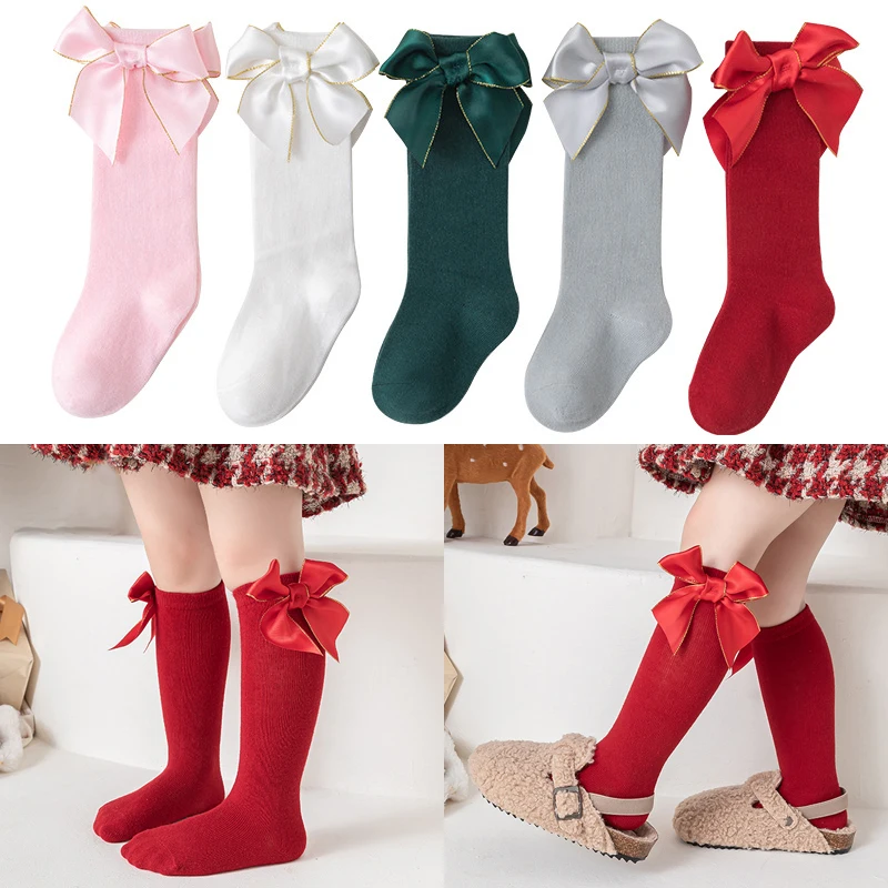 Christmas Children Girl Socks Newborn Cute Princess Bow Stockings Baby Stuff Cotton Kids Knee High Socks Autumn Winter Clothing