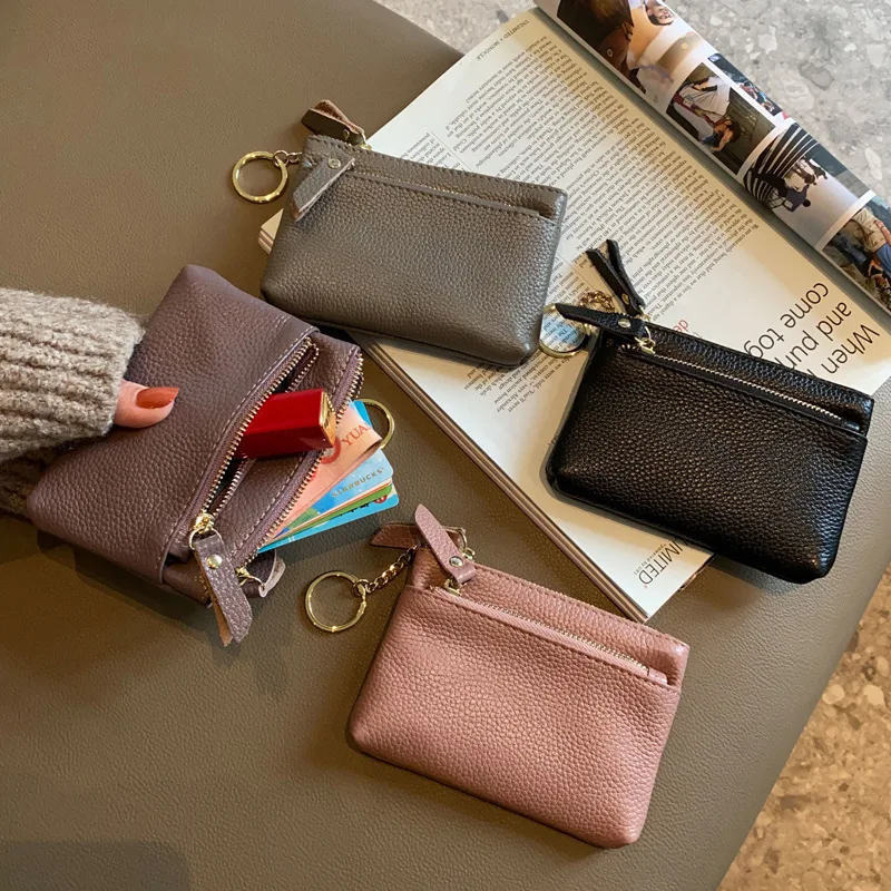 

Genuine Leather Coin Purse Women's Mini Key Three-Layer Coin Bags Cute Multi-Color Leather Wallets Simple Portable Zipper Purses