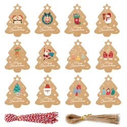 Étiquette en papier en forme d'arbre de noël, étiquettes artisanales imprimées père noël/bonhomme de neige/oiseau, décoration d'emballage cadeau, fournitures de bricolage, 48 pièces